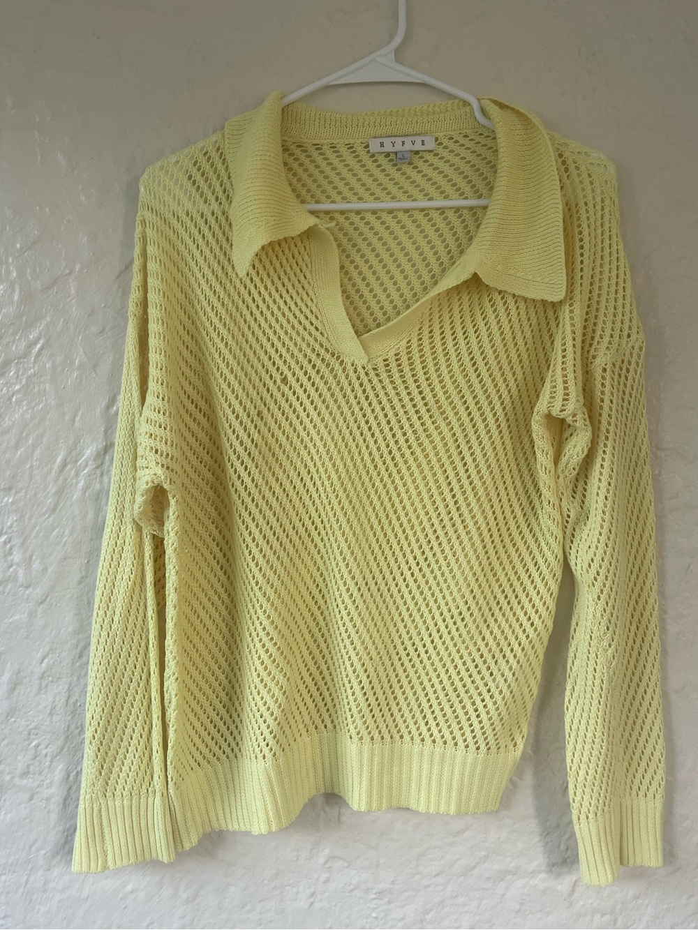HYFVE yellow open knit long sleeve collared lightweight pullover sweater; L